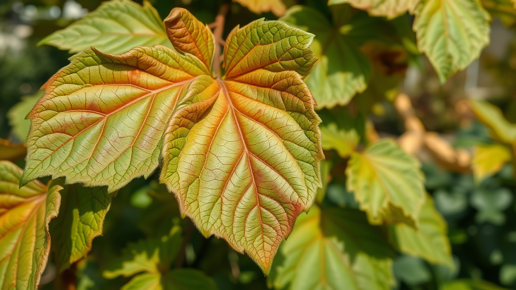 wilting tree leaves with brown scorch marks, close-up of leaf heat stress in summer, stressed and healthy leaves contrasted in garden backdrop