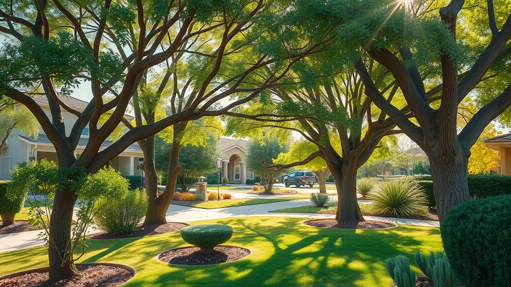 Thriving suburban landscape with a variety of drought-resistant trees providing shade, playful wildlife—birds and squirrels—among the branches, Photorealistic High Fidelity Lifelike, front yard with neat garden beds and mulch, highly detailed, sunbeams streaming through foliage, earthy and green hues, midday sunlight, shot with a tilt-shift lens.