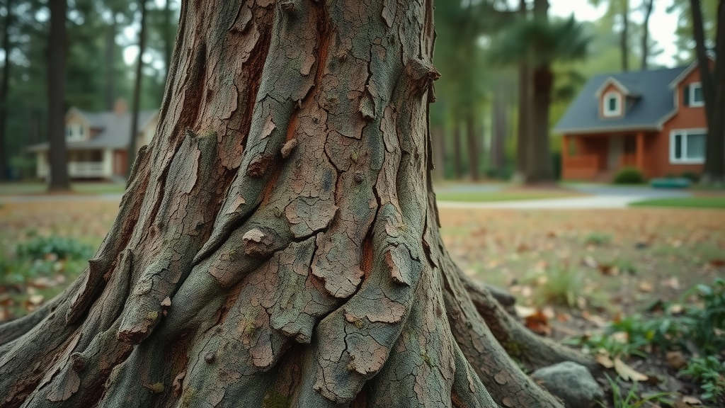 decaying tree stump and bark fungus, close-up, forested residential background, lifelike detail