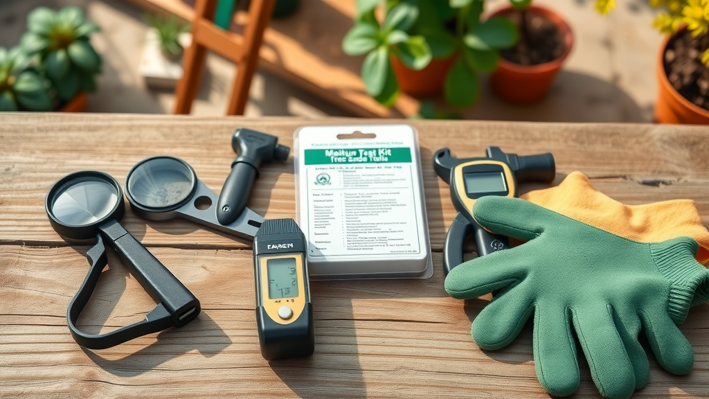 essential summer tree care tools loupes moisture meter soil test kit gardening gloves organized arrangement