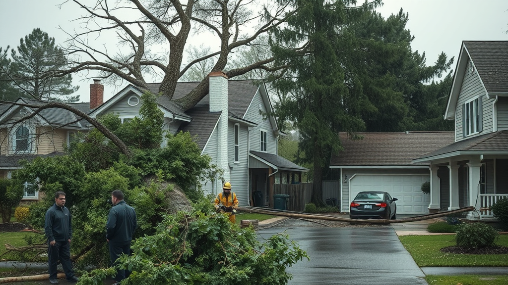 emergency tree removal after storm damage with fallen tree across driveway and concerned homeowners assessing property