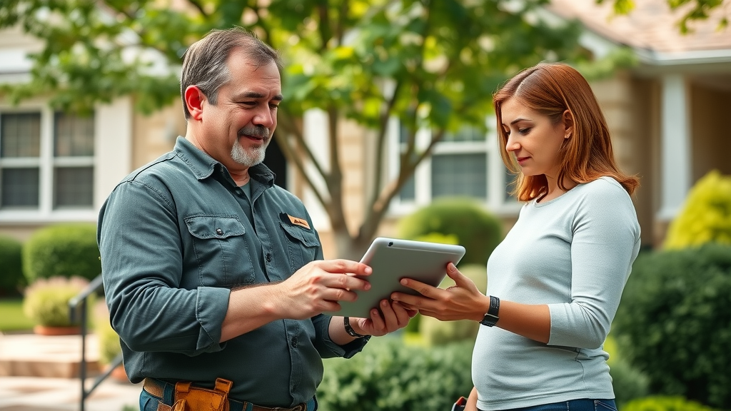 professional tree service arborist consulting homeowner about pricing and value in a suburban yard