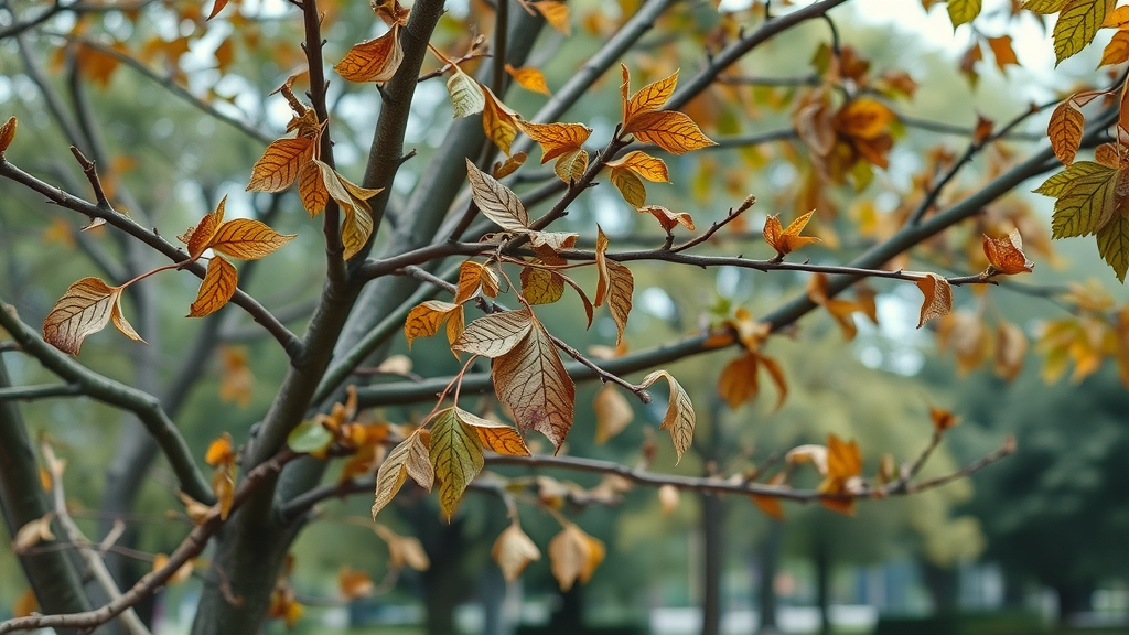 Discolored branches and leaves, signs of tree disease in summer months, healthy and diseased trees visible in city park