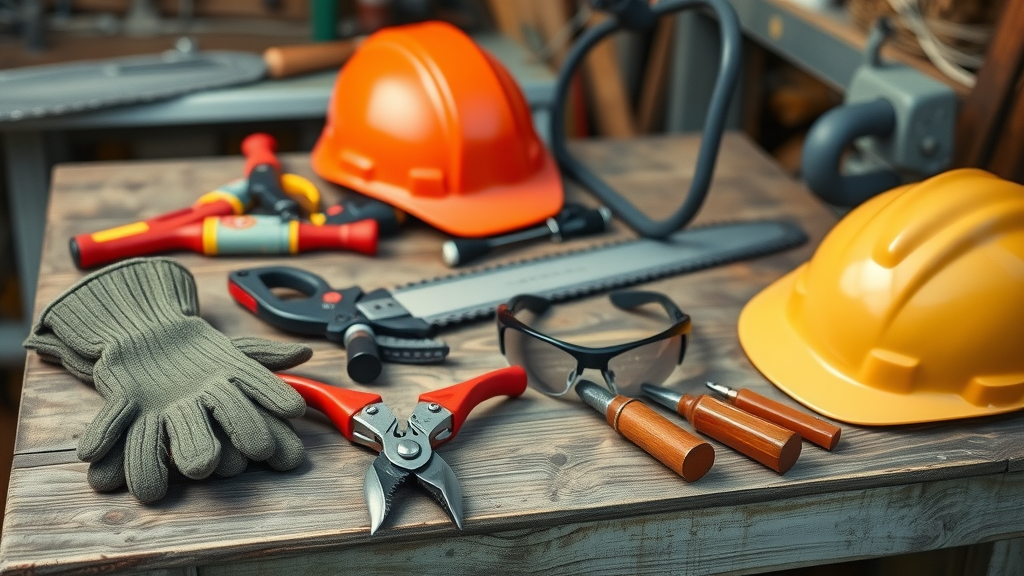 tree care: essential pruning tools—gloves, shears, pole saw, helmet—on a wooden table in garden shed