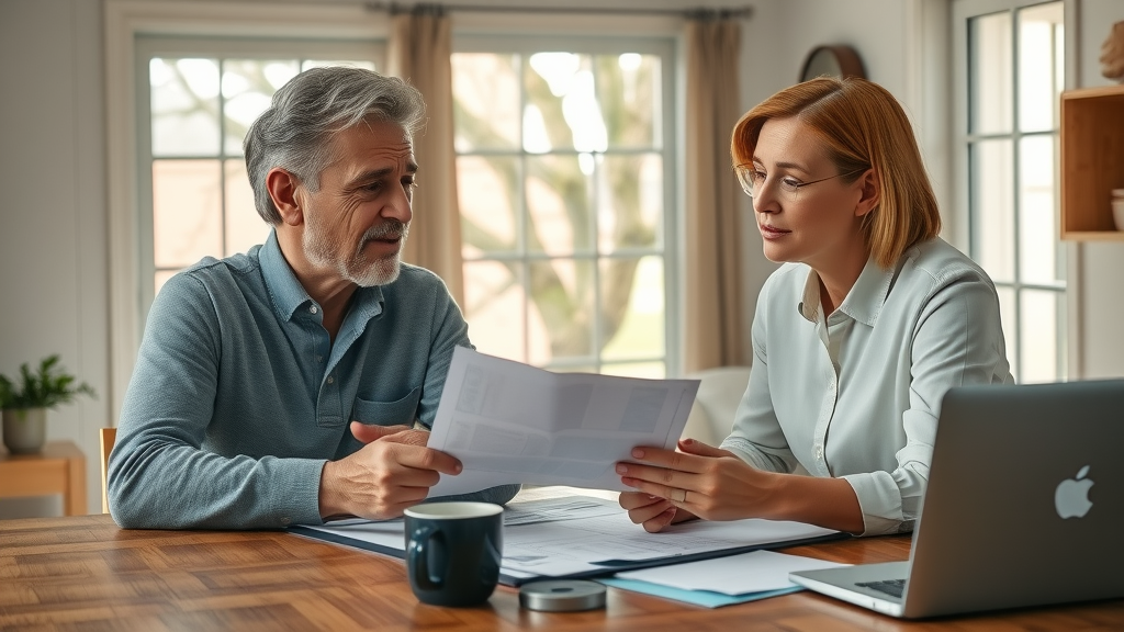 homeowner and insurance agent reviewing emergency tree removal claim paperwork at kitchen table