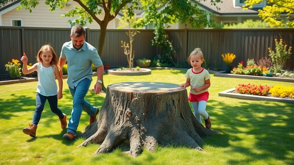 cautious suburban family alert around tree stump stump grinding