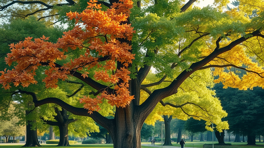 Majestic tree showing signs of tree stress with half healthy foliage and half discolored, wilting leaves