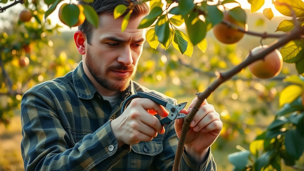 Professional arborist carefully pruning fruit tree branches to enhance fruit tree health using summer pruning techniques