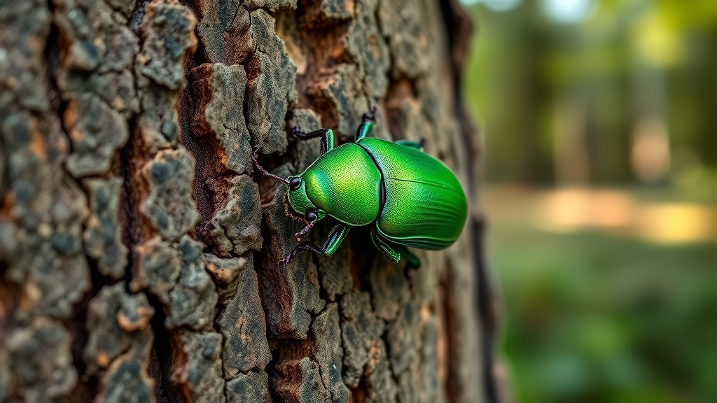 vivid close-up of emerald ash borer beetle on tree bark, beetle highlighted on rough textured bark, background with hints of forest