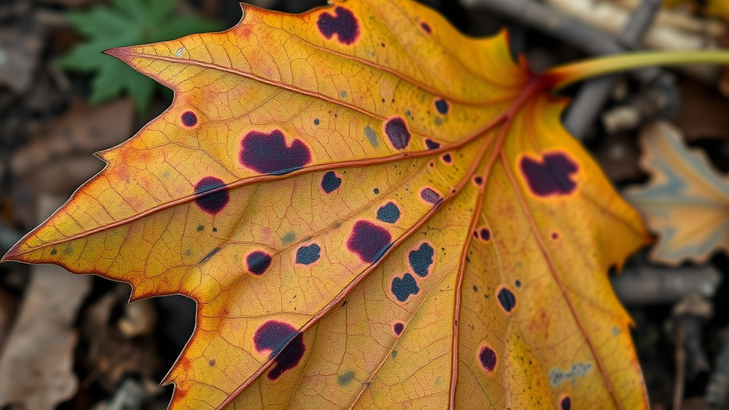 Close-up of a diseased maple leaf showing spots and color changes as symptoms of tree disease