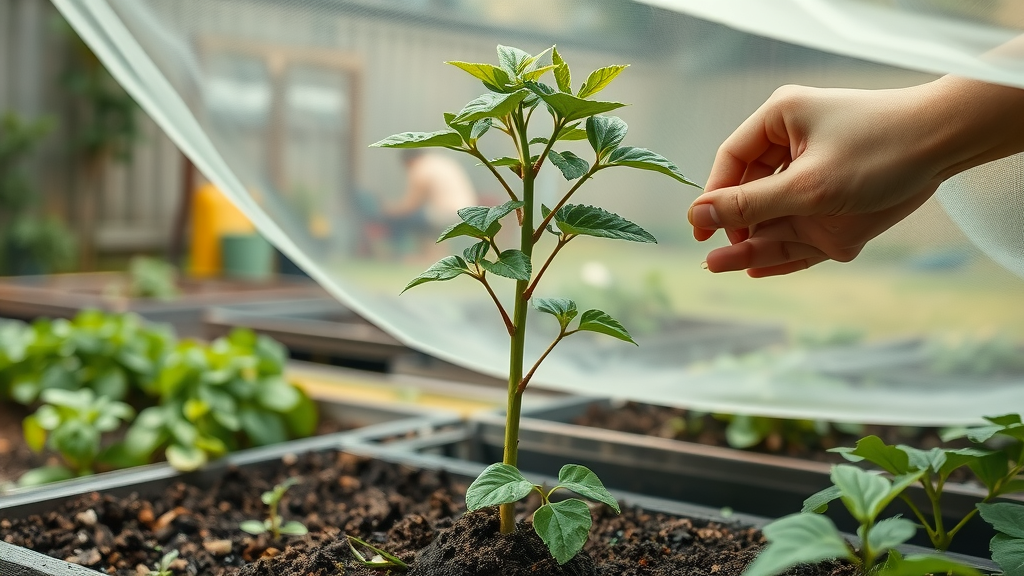 summer tree care nurturing young sapling shade cloth gardener watering covering roots detailed dewdrops