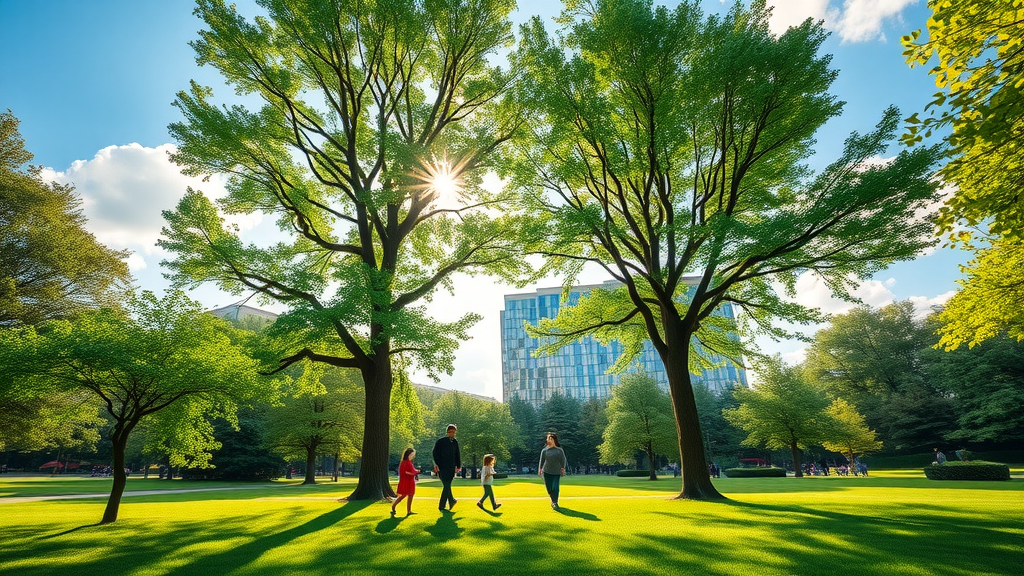 lush green urban park with thriving young and mature trees, vibrant green leaves, families enjoying shade, tree watering tips in healthy tree care, photorealistic