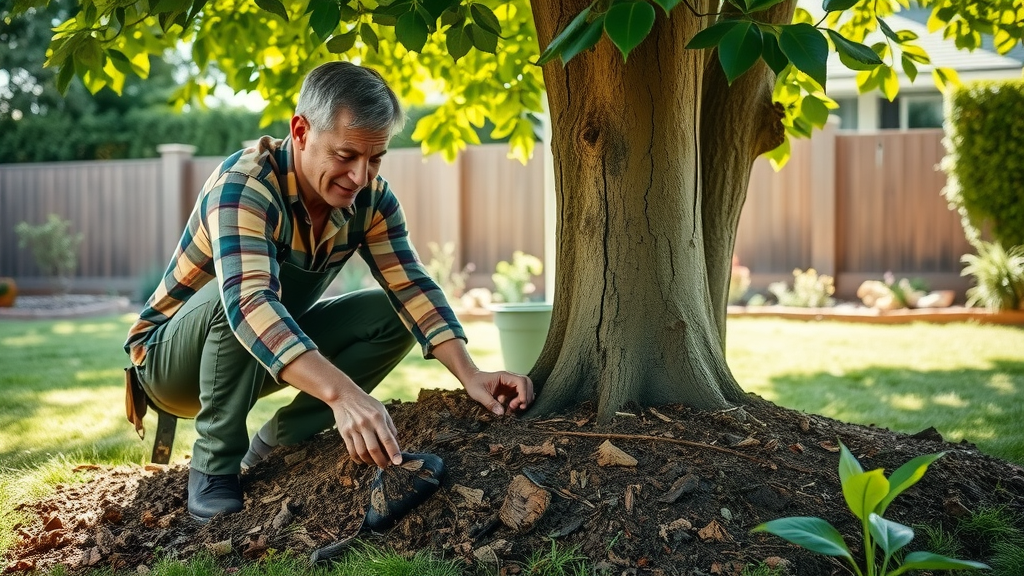 Applying organic mulch around base of a healthy summer tree for disease prevention