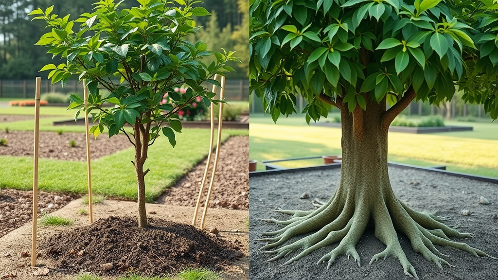 side-by-side comparison of newly planted tree with mulch and stakes and a mature established tree with deep roots, showing healthy tree watering tips and growth stages