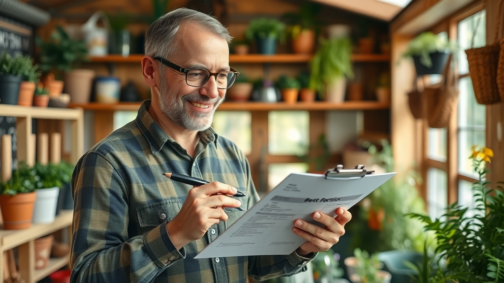 organized garden shed interior, gardener reviewing best practices checklist, tree pruning tools, summer tree pruning techniques