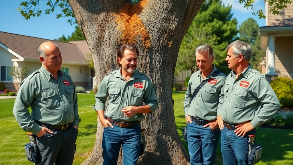 Certified arborists in branded uniforms consulting a homeowner about tree disease treatment for a large diseased tree
