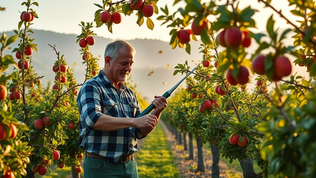 modern orchard, fruit trees after summer tree pruning, professional arborist making precise pruning cuts, visible fruit, tree pruning techniques in practice