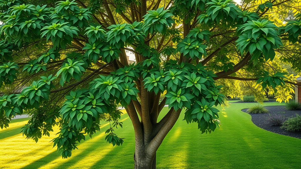 Lush mature tree in a well-maintained suburban yard with healthy foliage and vibrant growth, demonstrating tree maintenance tips