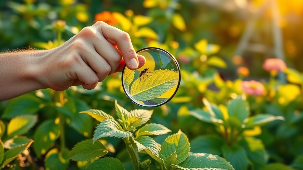 inspecting tree leaves for pests in morning summer garden, person with magnifying glass, healthy foliage and vibrant summer colors