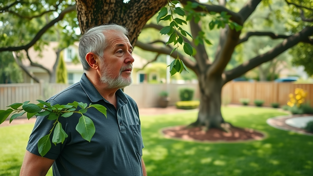 Concerned homeowner observing signs of tree stress on mature oak tree in a suburban backyard