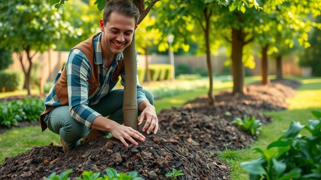 lush healthy garden with trees, gardener performing seasonal mulching, lively green foliage and soft soil textures, beneficial insects visible
