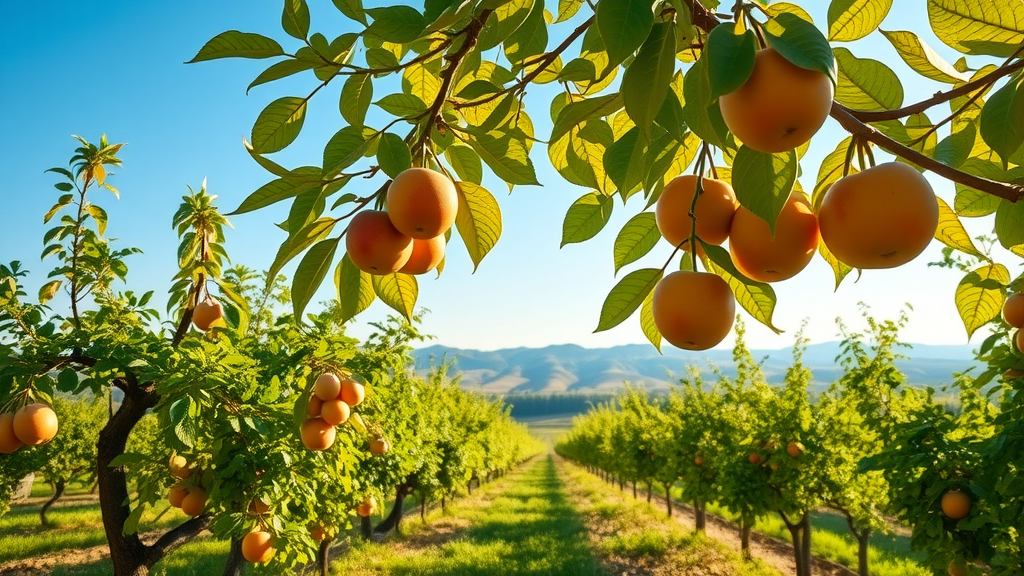 sunny orchard with various fruit trees in summer, lush green leaves, bright healthy fruits hanging, expansive orchard view, summer pruning for fruit trees