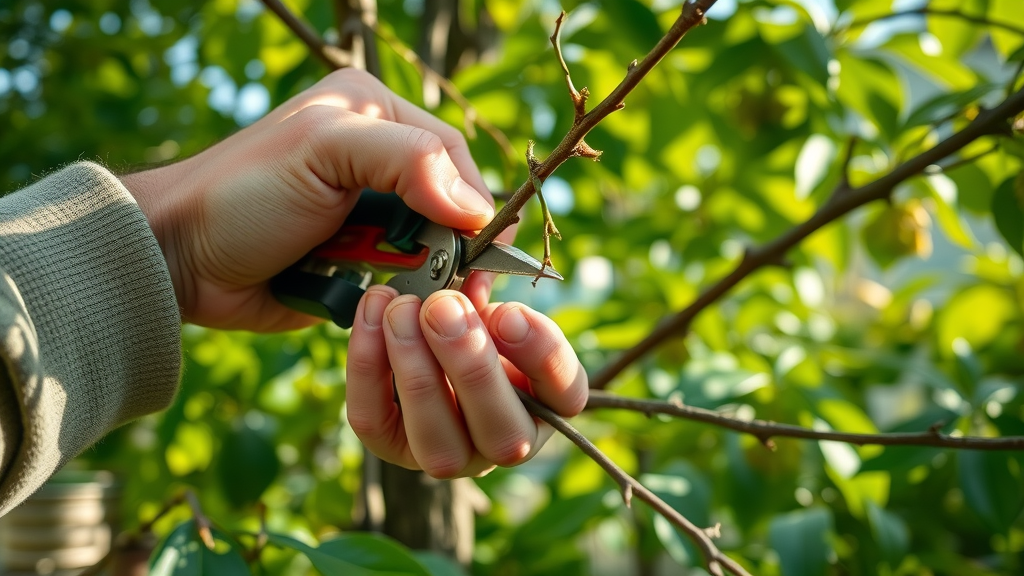 Closeup of hands pruning a tree with shears, precise tree trimming and maintenance, leafy suburban garden, healthy foliage, filtered sunlight, macro detail.