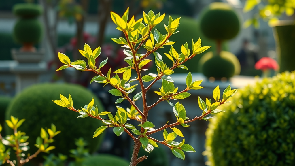 young tree showing new shoots and healthy growth after summer tree pruning, sunlight illuminating fresh leaves, healthy tree regeneration