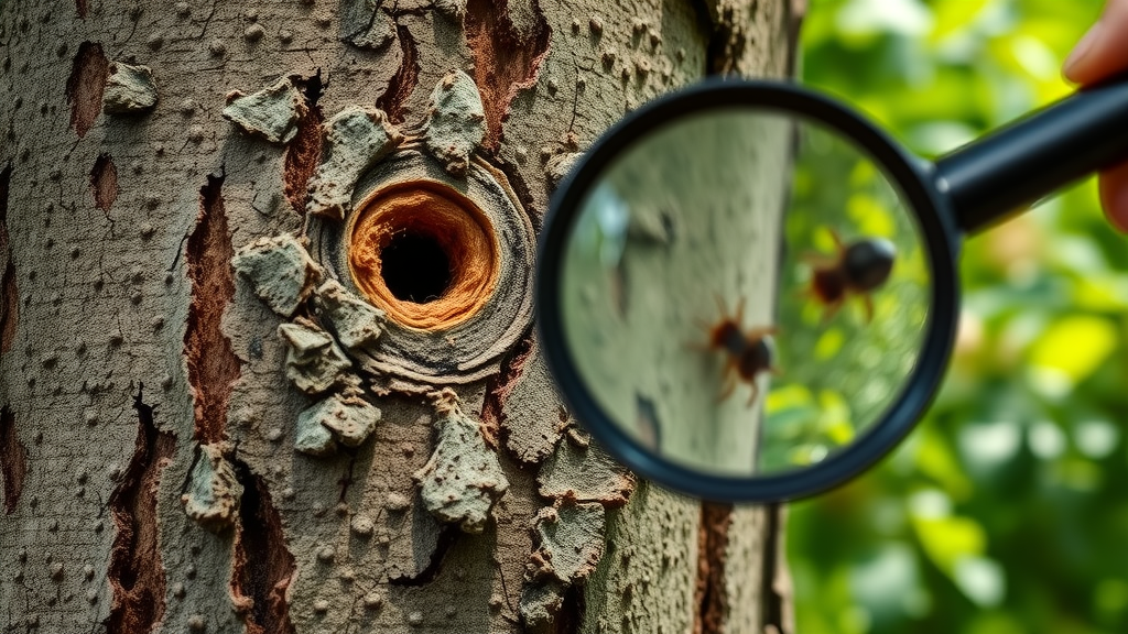 detailed macro shot of tree bark showing signs of pest infestation (tiny holes, frass), observer using magnifying glass, scrutinizing and analytical, Photorealistic High Fidelity Lifelike, tree trunk in a leafy garden setting, highly detailed with sharp textures, realistic bug movement, earth and green color palette, bright indirect sunlight, shot with a macro lens.