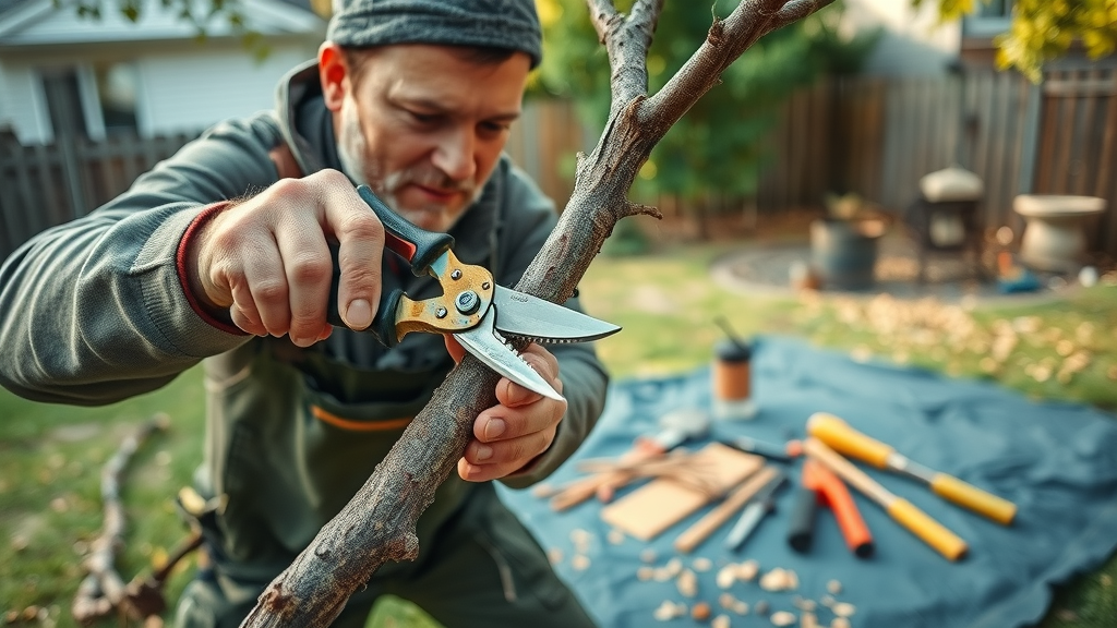 focused arborist performing summer tree pruning in backyard, demonstrating correct pruning cuts with sharp shears, essential tree care tools visible, healthy branch structure
