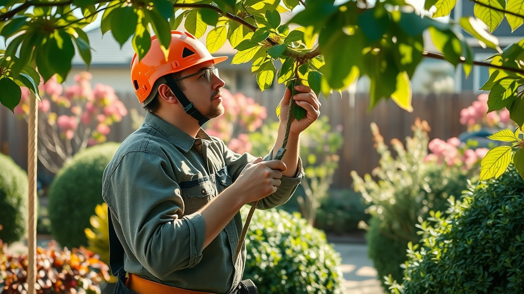 certified arborist inspecting tree branches for healthy growth in garden landscape