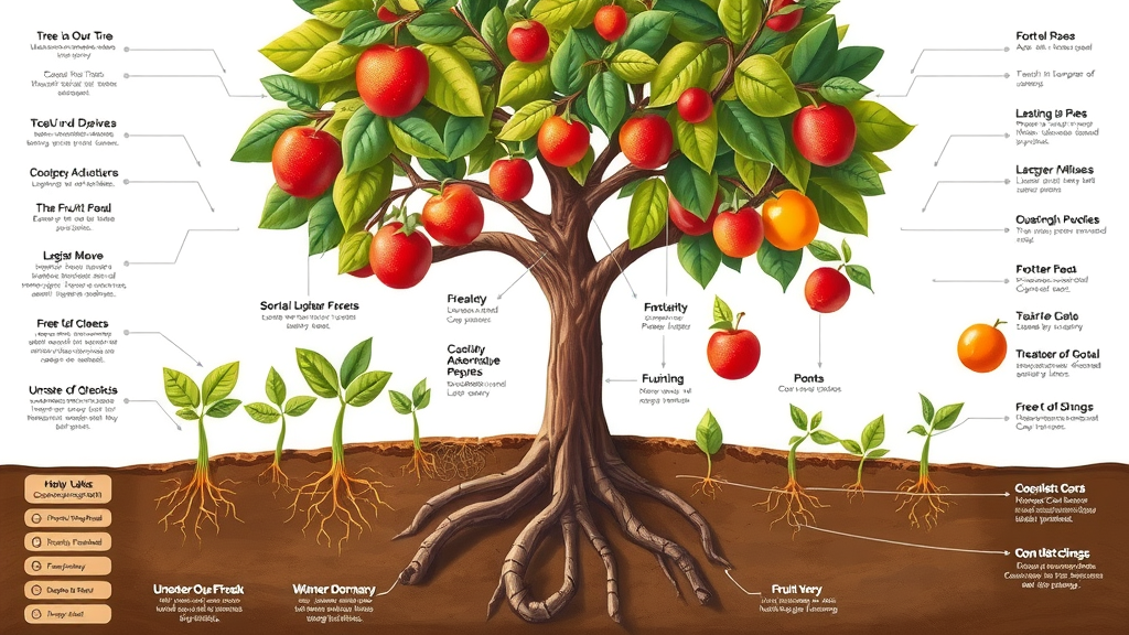 Diagram showing fruit tree growth phases—bud break, fruiting, and dormancy stages—highlighting tree pruning timing and the difference between summer and winter pruning.