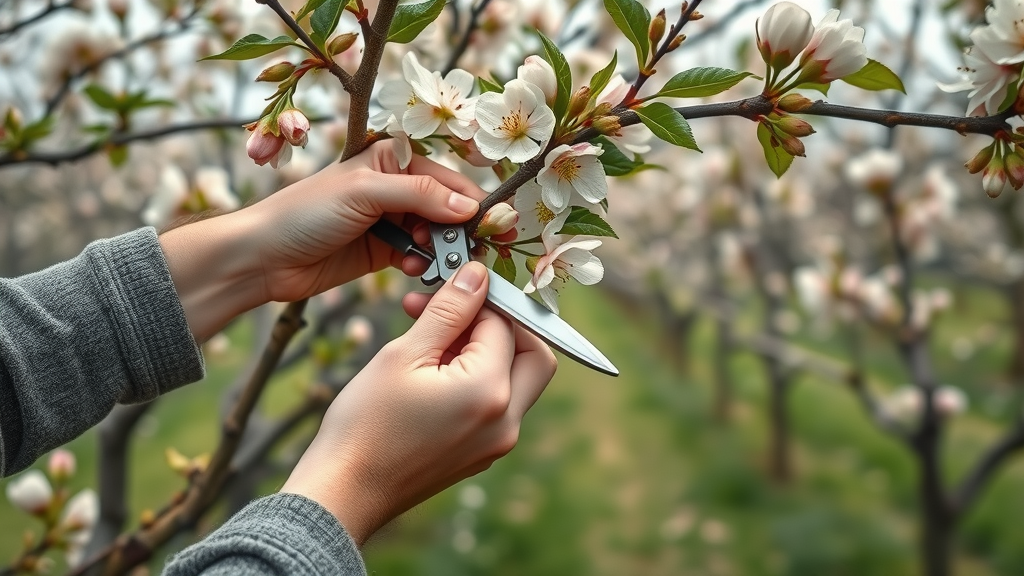 hands gently pruning a blooming fruit tree in early spring for tree growth and pruning seasons