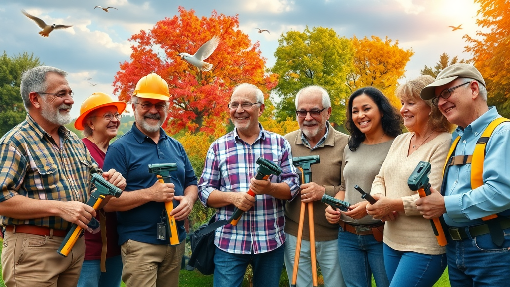 diverse group of homeowners discussing summer pruning safety tips holding tools and wearing safety gear in a sunny community garden