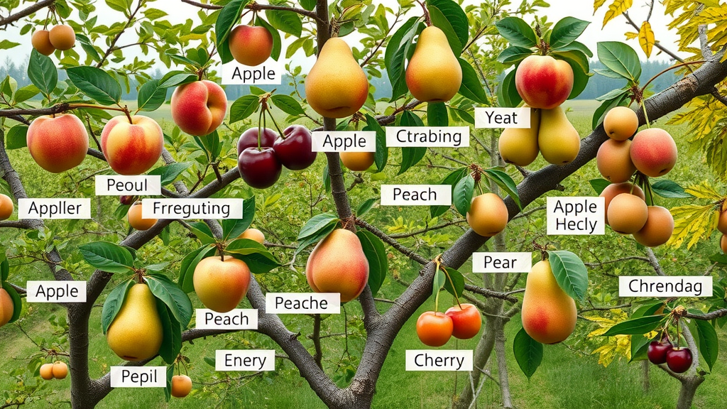 Variety of fruit trees—apple, pear, peach, cherry—showcasing branches marked for pruning, highlighting difference between summer and winter pruning for various trees in orchard setting.