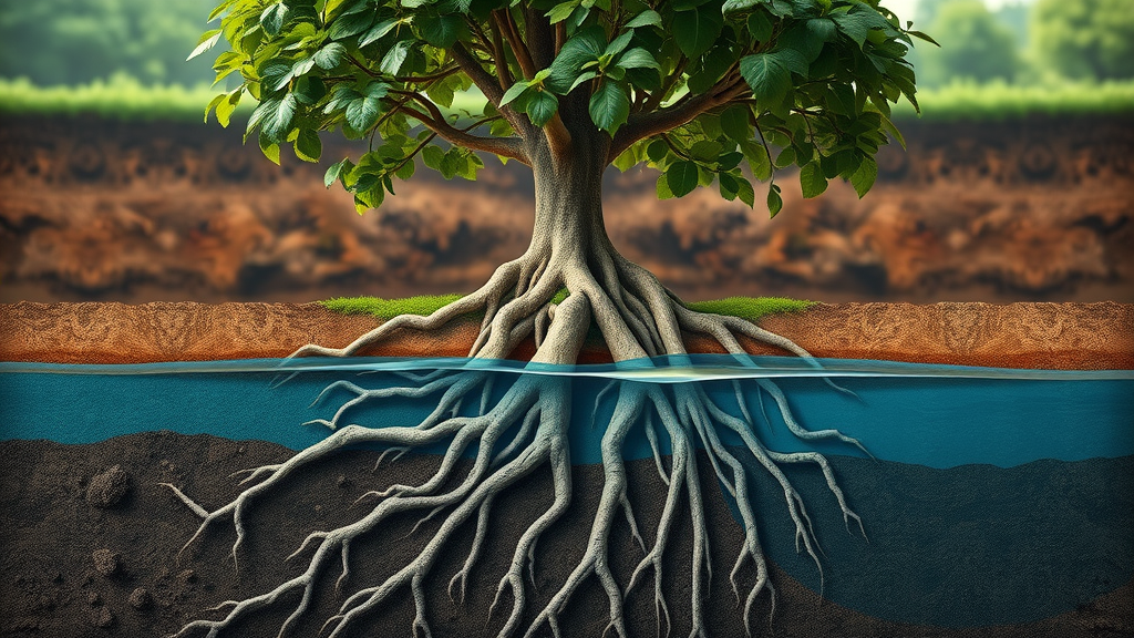 cross-section diagram showing deep-rooted tree absorbing water versus shallow watering, highlighting tree root health and soil moisture retention