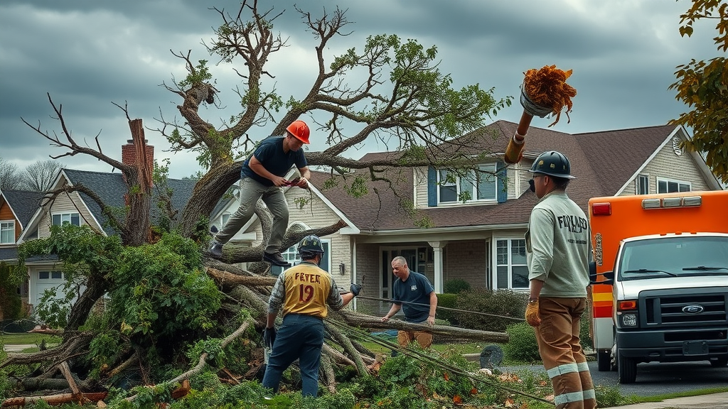 tree removal services emergency storm crew clearing fallen tree from suburban home