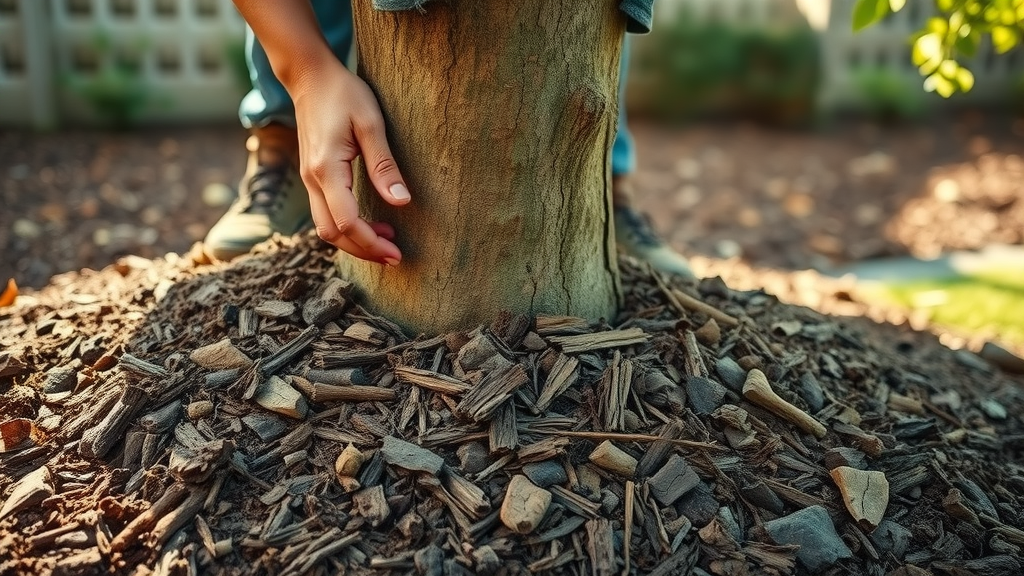 close-up of rich organic mulch being spread around the base of a tree, nurturing and careful action, Photorealistic High Fidelity Lifelike, natural setting in a backyard, highly detailed, mulch particles, earthy textures, balanced natural outdoor lighting, subtle contrasts, shot with a 50mm prime lens.