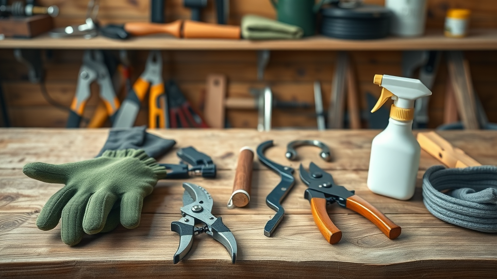 professional tree pruning tools, hand pruners, loppers, pole saws, disinfectant, organized workshop with gloves, tree care essentials
