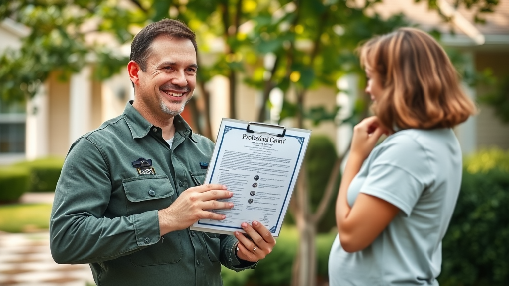 Friendly arborist showing ISA certified arborist credentials to homeowner in front yard