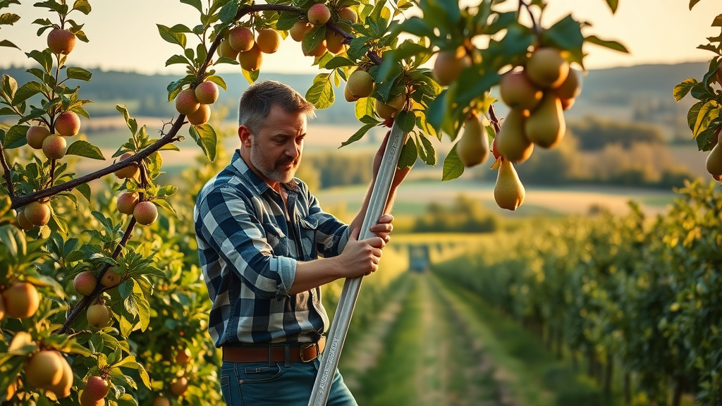 pruning fruit trees in summer apple pear orchard late summer golden hour
