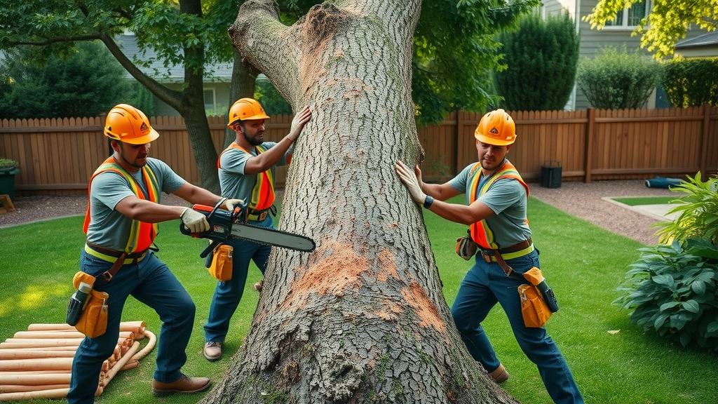tree removal services team using modern safety equipment in a lush backyard with sawdust in the air