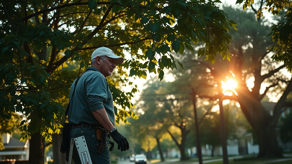 tree health and summer pruning review by expert arborist on ladder in suburban street