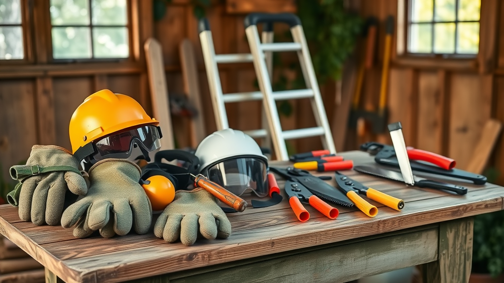 tree trimming safety gear including gloves helmet goggles ladder and pruning shears for summer pruning safety tips