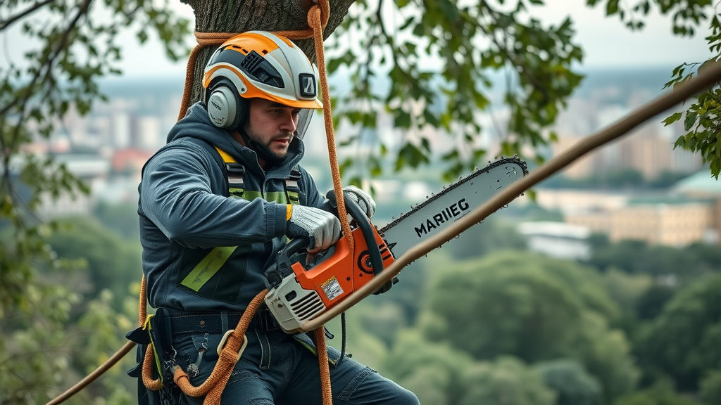 tree removal services professional arborist using chainsaw with full safety harness in urban park
