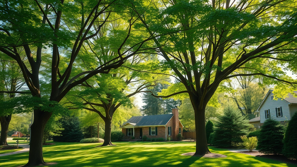tree health and summer pruning in lush healthy backyard trees with sunlit canopies