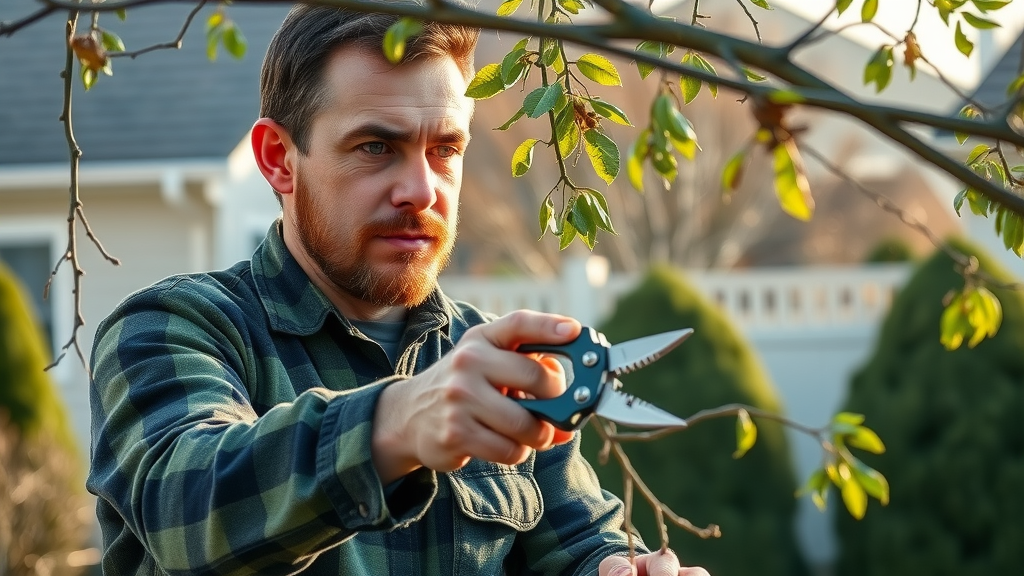 Professional arborist pruning diseased tree branches using clean shears for summer tree care