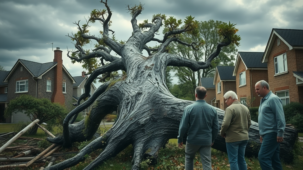 Emergency tree service dramatic storm damage suburban homeowners fallen tree urgent removal