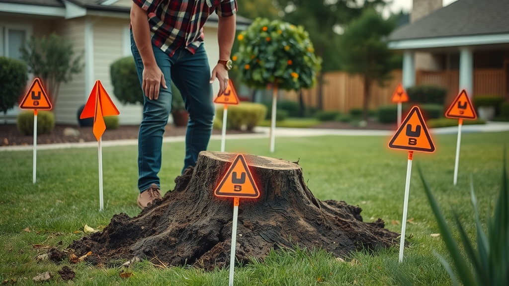 cautionary garden scene homeowner hesitating beside partially ground stump with utility marker flags and roots visible stump grinding safety
