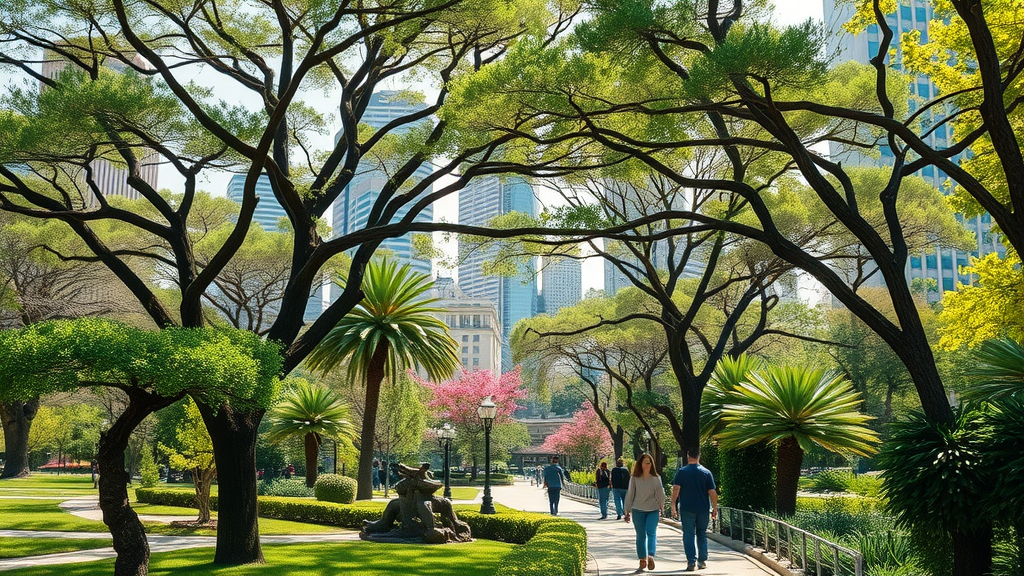 Lush urban landscape dotted with a variety of mature drought-resistant trees, healthy greenery and colorful tree blooms, people enjoying shaded walking paths, Photorealistic High Fidelity Lifelike, city park setting with detailed skyline in the background, highly detailed, gentle breeze moving branches and dappled sunlight, crisp textures, vibrant color palette, soft natural sunlight, shot with a 35mm camera lens.